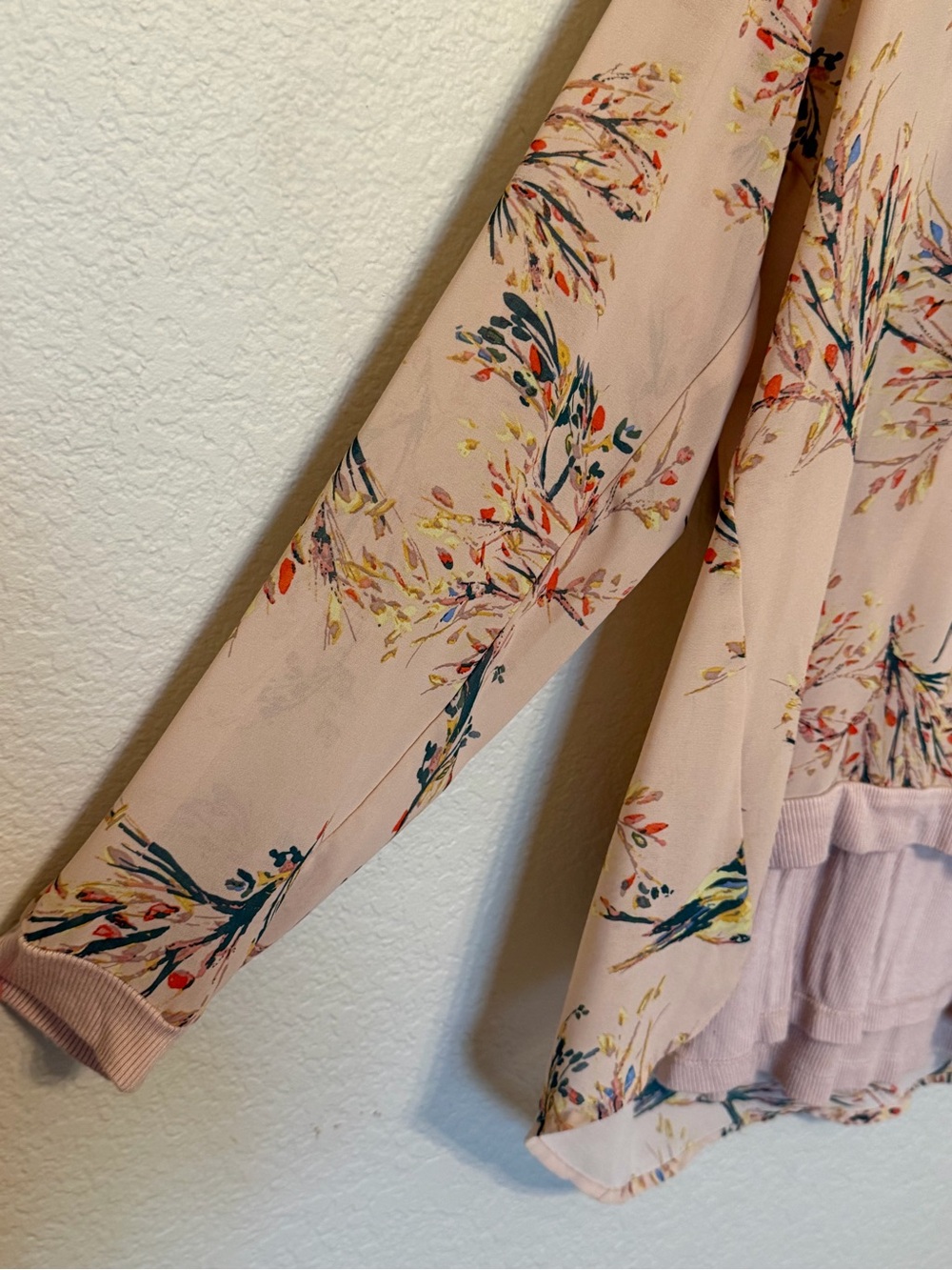 Democracy Pink/Peach Floral Bird Print Long Sleeve Two Piece Blouse Top Medium - Picture 4 of 14